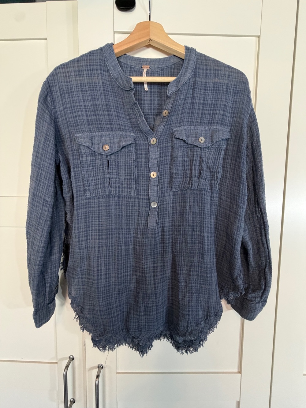 Free People Blue Textured Woven Top with Brass Logo Tag B7